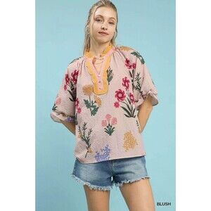 Umgee Floral Puff Sleeve Blouse with Scallop Trim Collar
